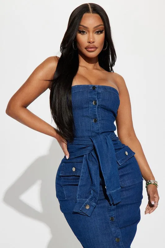 Self Tie Waist Denim Bodycon Dress