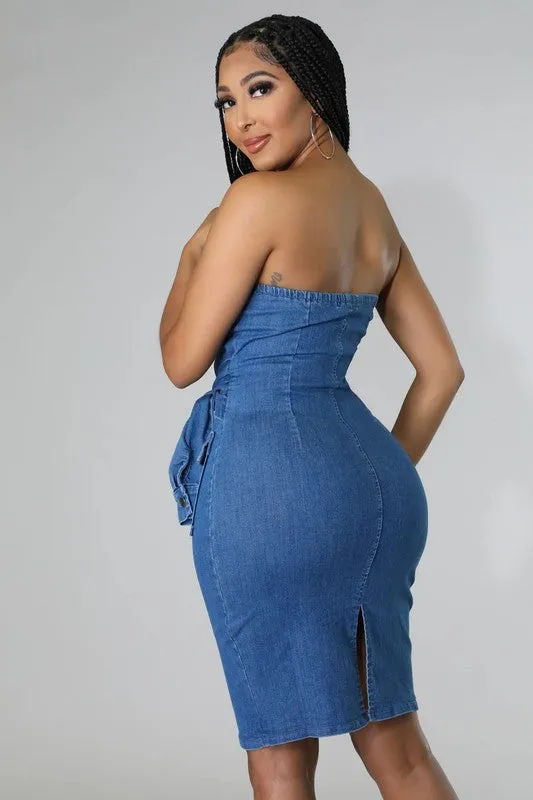 Self Tie Waist Denim Bodycon Dress