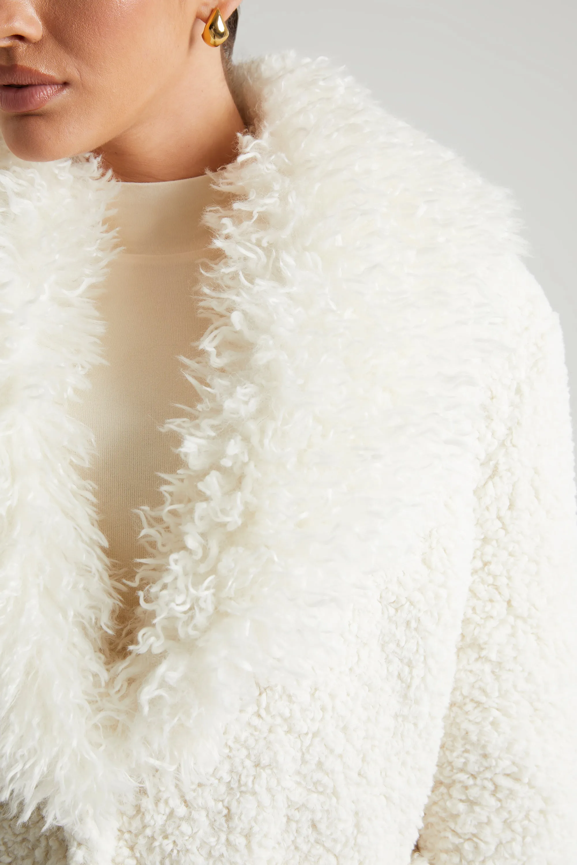 Shearling Coat with Large Front Pockets in Cream