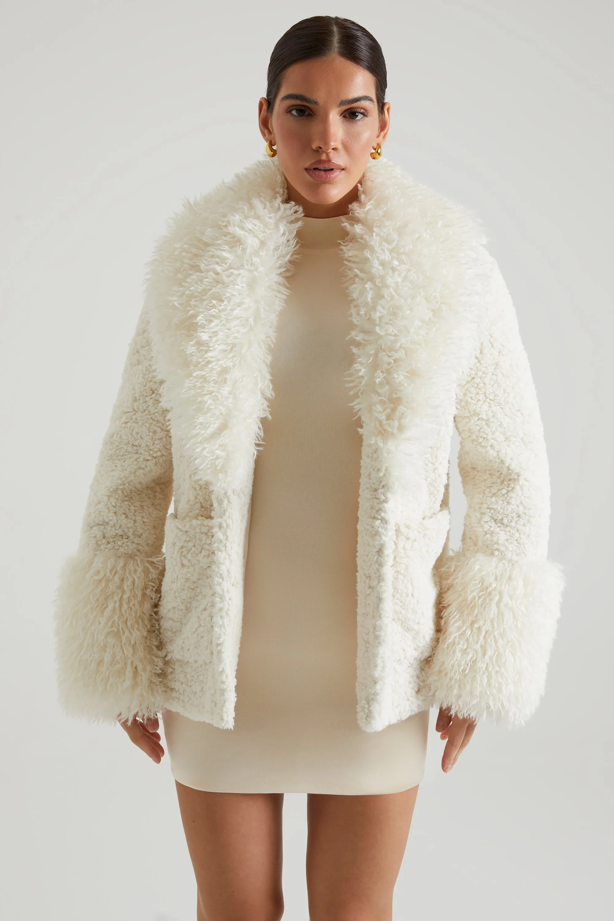 Shearling Coat with Large Front Pockets in Cream