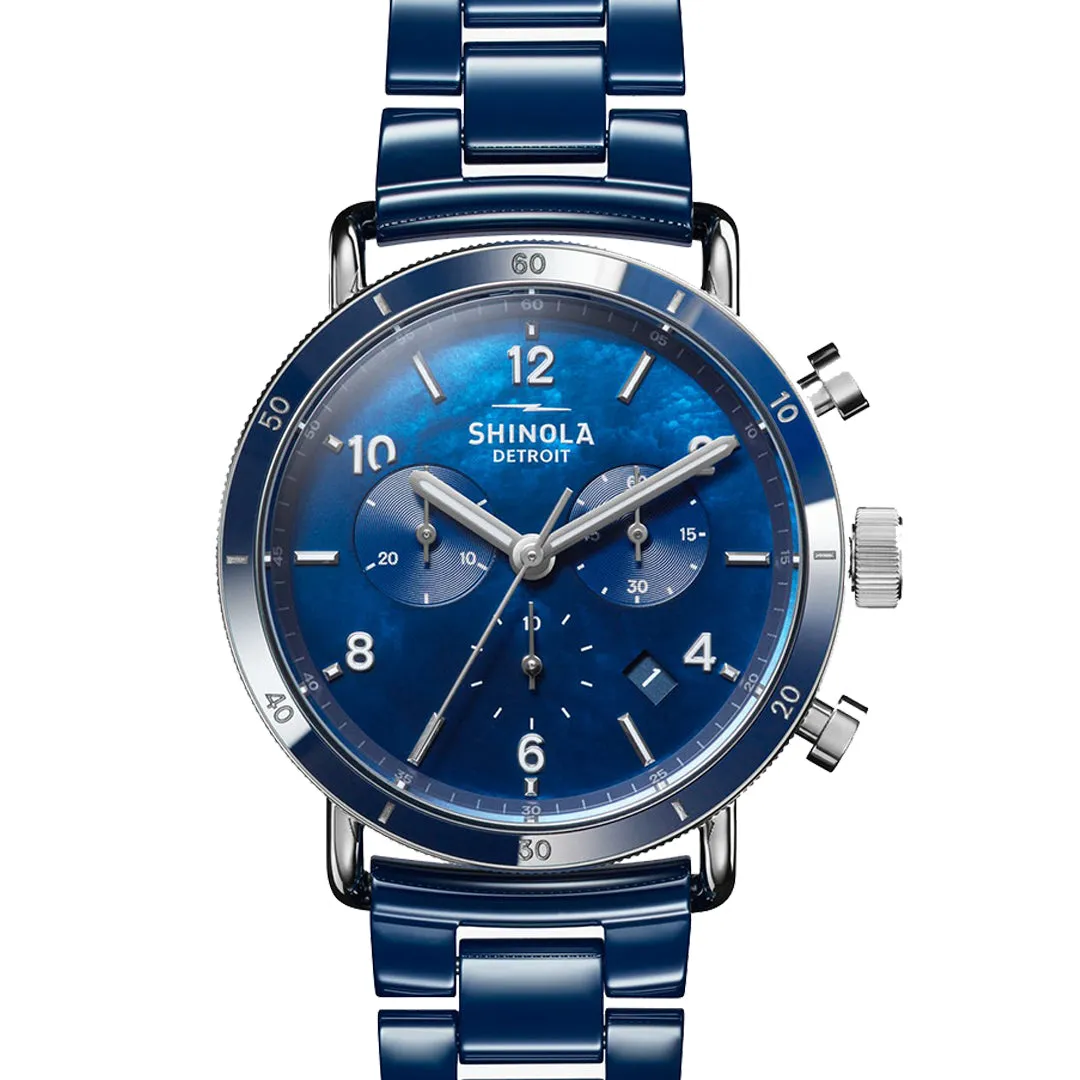 Shinola Canfield Sport Chronograph Watch - Blue Mother of Pearl Dial, Cobalt Blue Ceramic Bracelet - 40MM