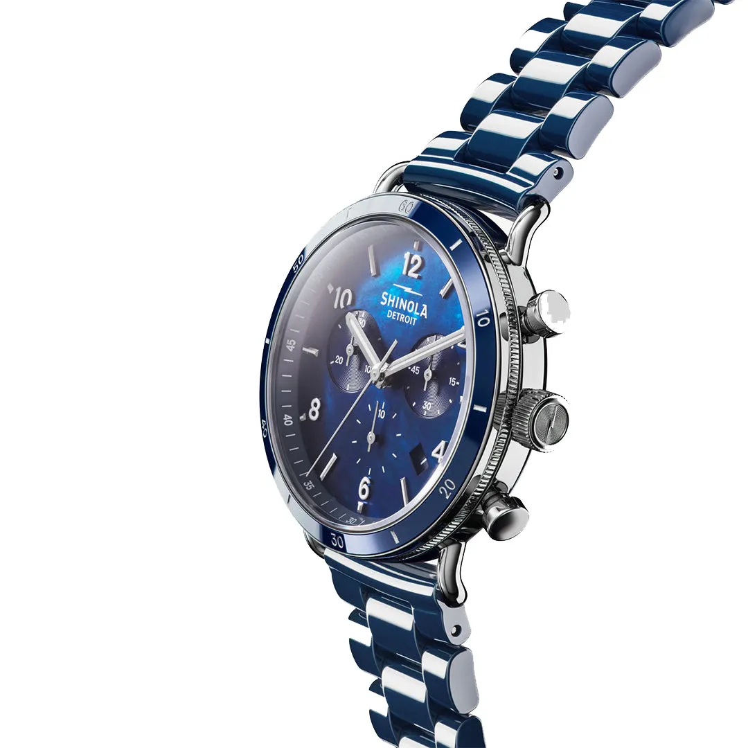 Shinola Canfield Sport Chronograph Watch - Blue Mother of Pearl Dial, Cobalt Blue Ceramic Bracelet - 40MM