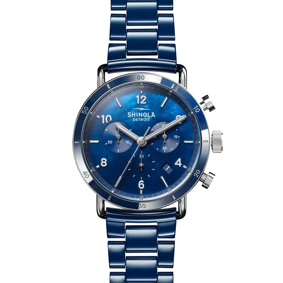 Shinola Canfield Sport Chronograph Watch - Blue Mother of Pearl Dial, Cobalt Blue Ceramic Bracelet - 40MM