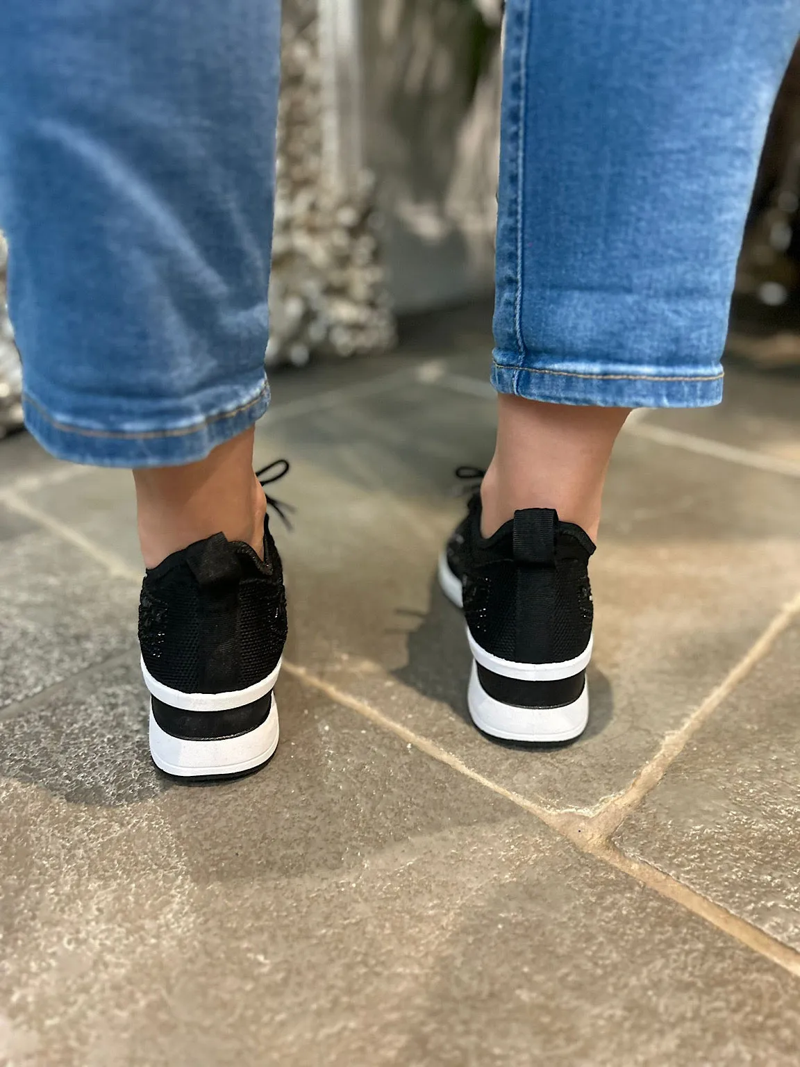 Size 3 Black Wedge Trainer with Embellishments