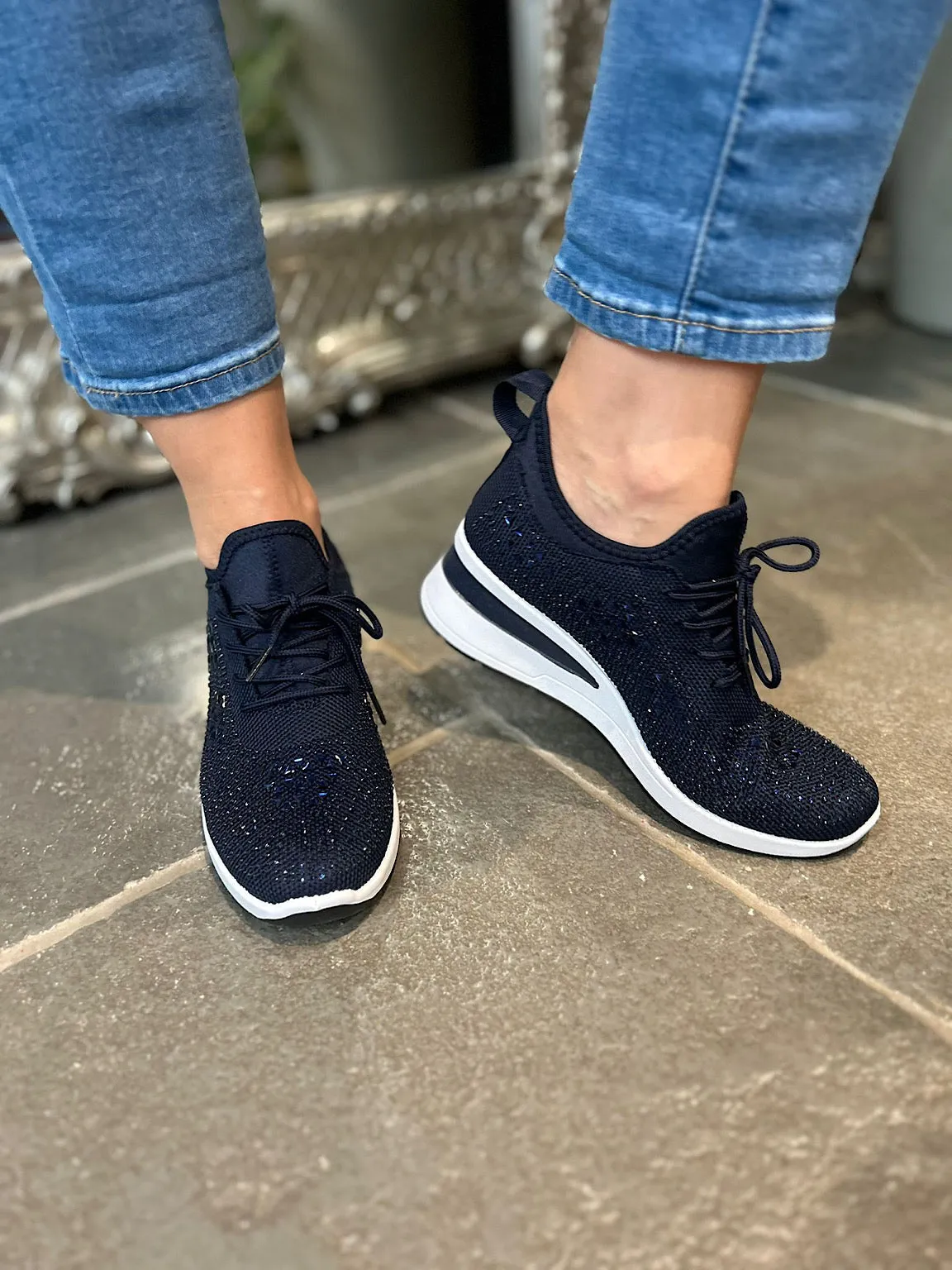 Size 3 Navy Wedge Trainer with Embellishments