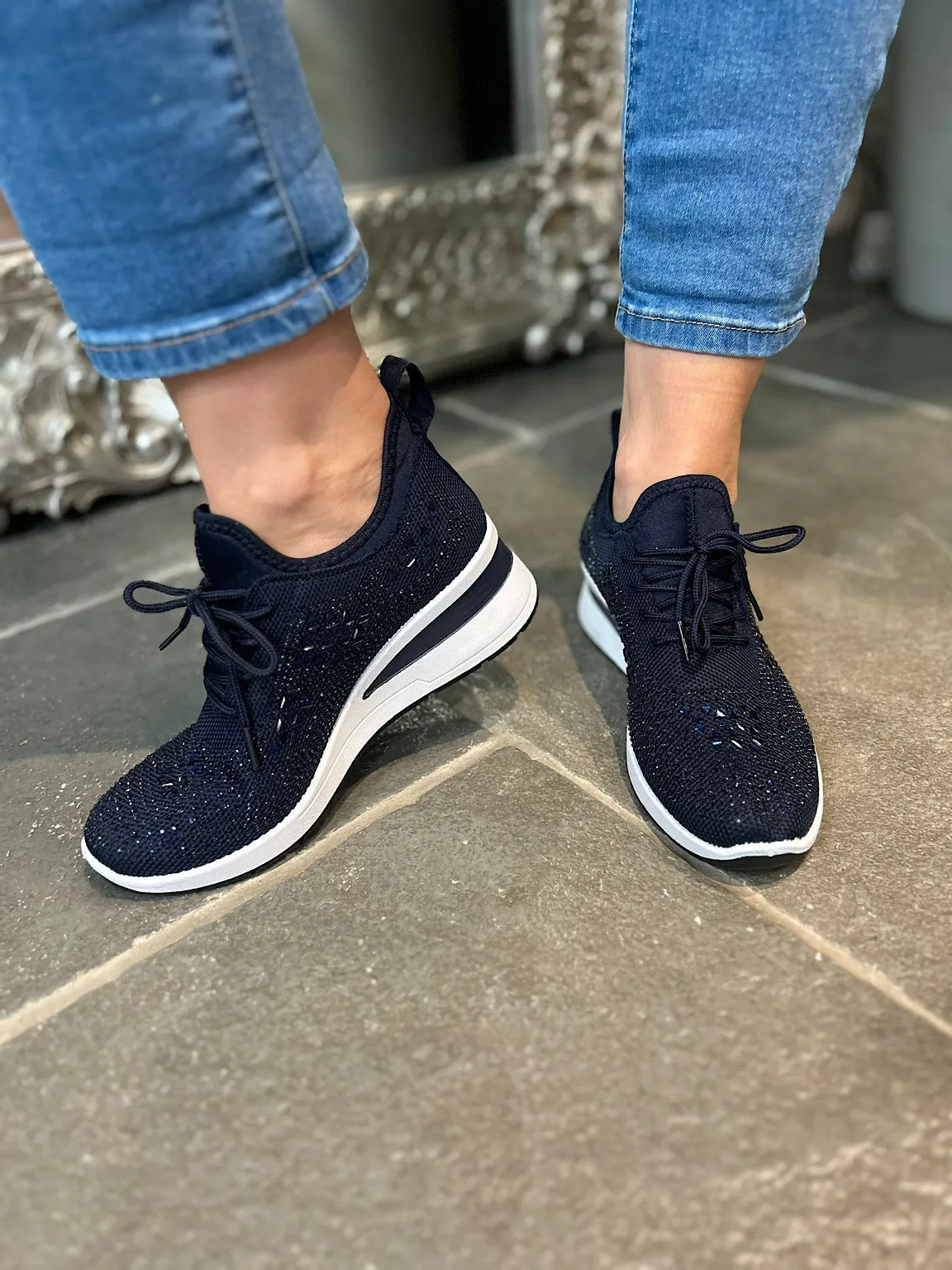 Size 3 Navy Wedge Trainer with Embellishments