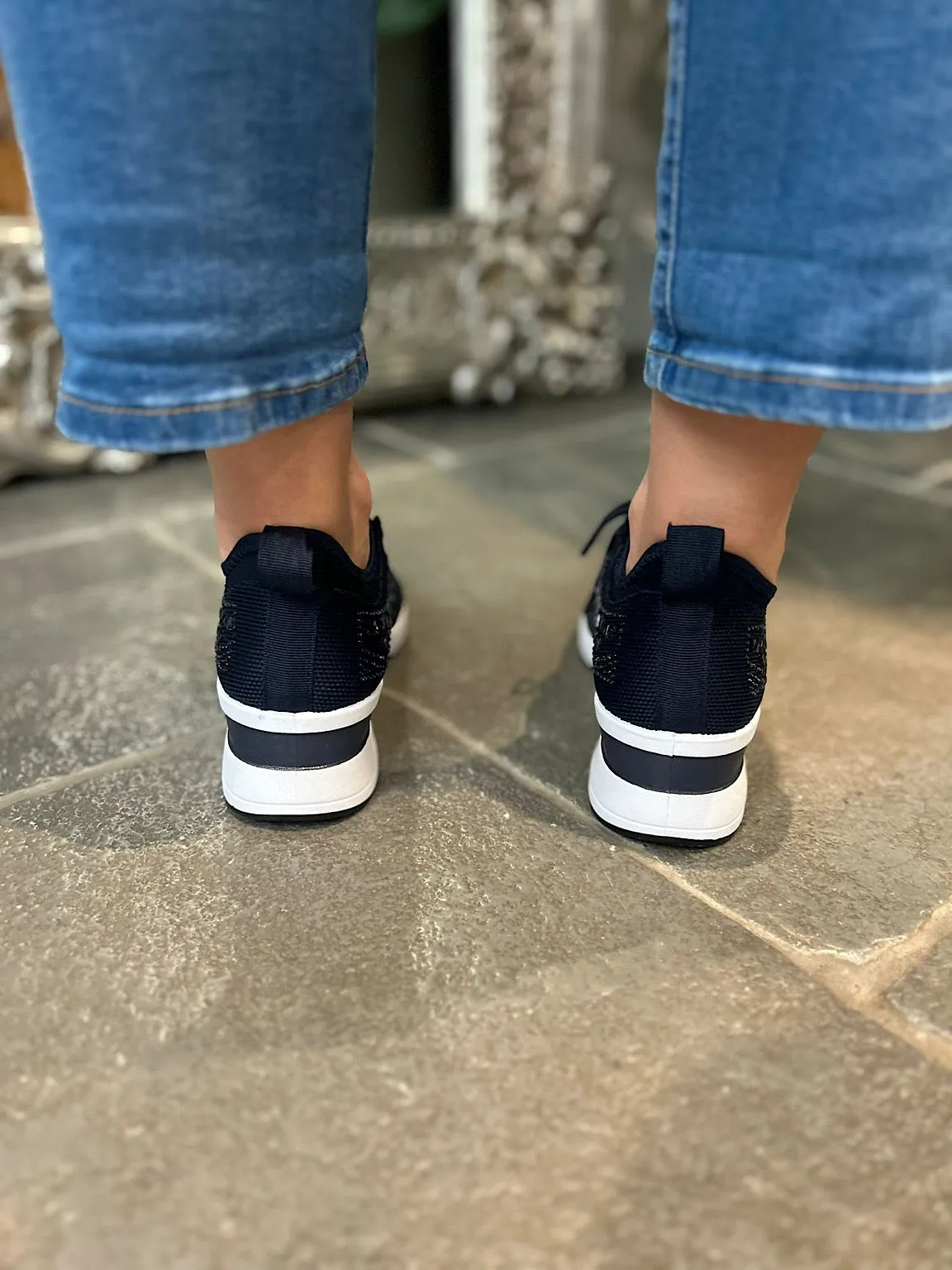 Size 3 Navy Wedge Trainer with Embellishments