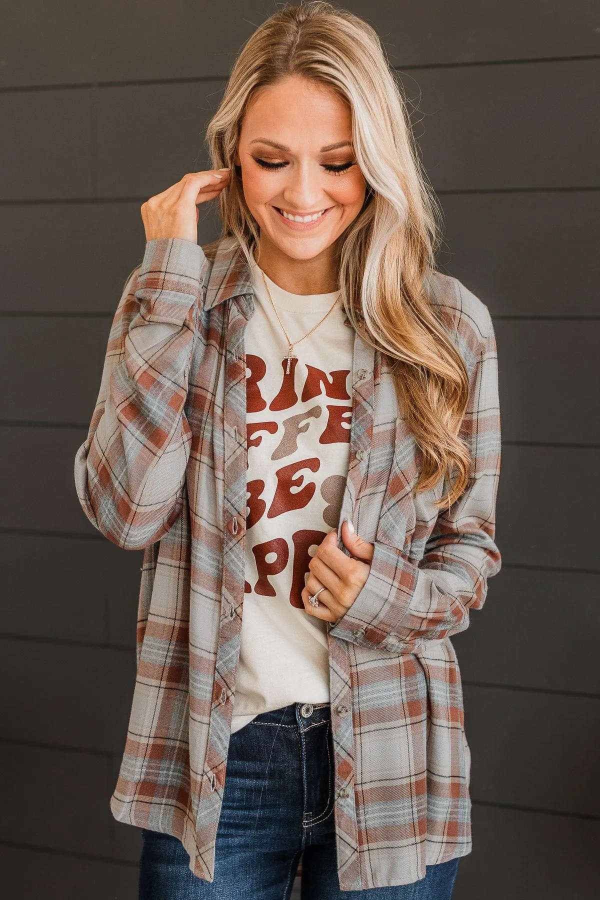 Time To Impress Plaid Button Top- Almond