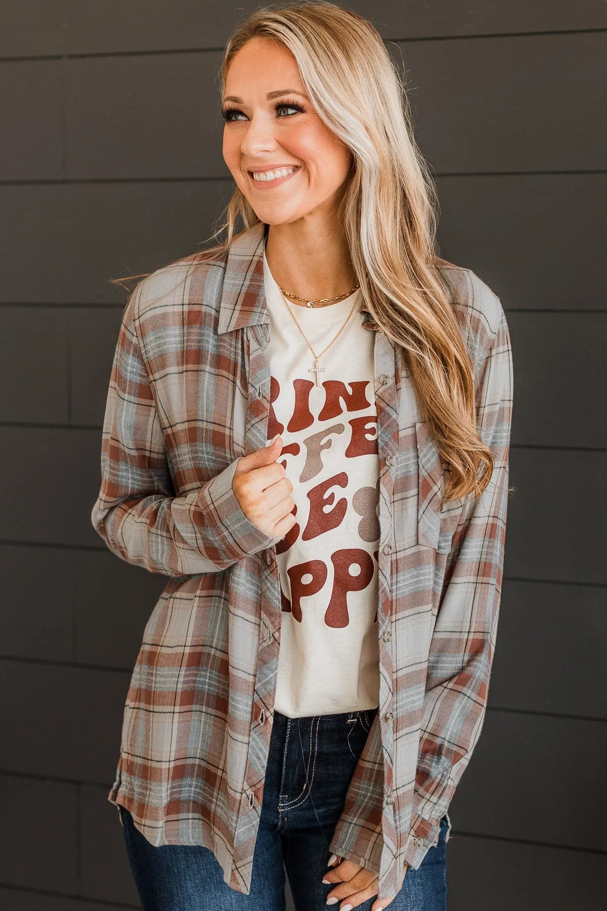 Time To Impress Plaid Button Top- Almond