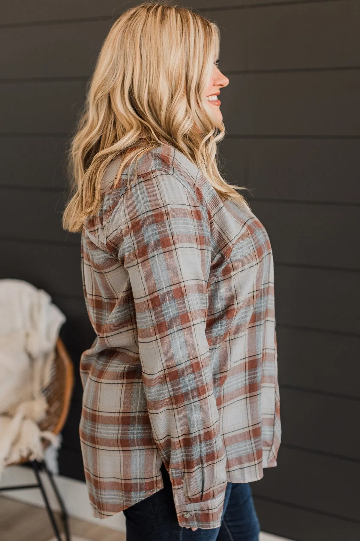 Time To Impress Plaid Button Top- Almond