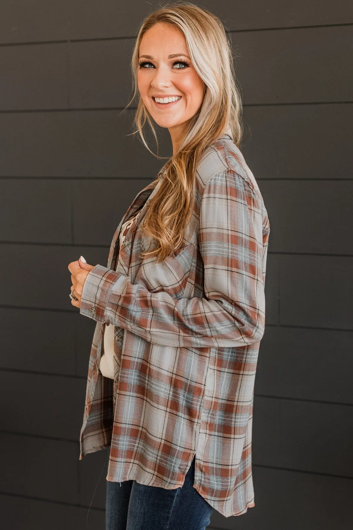 Time To Impress Plaid Button Top- Almond