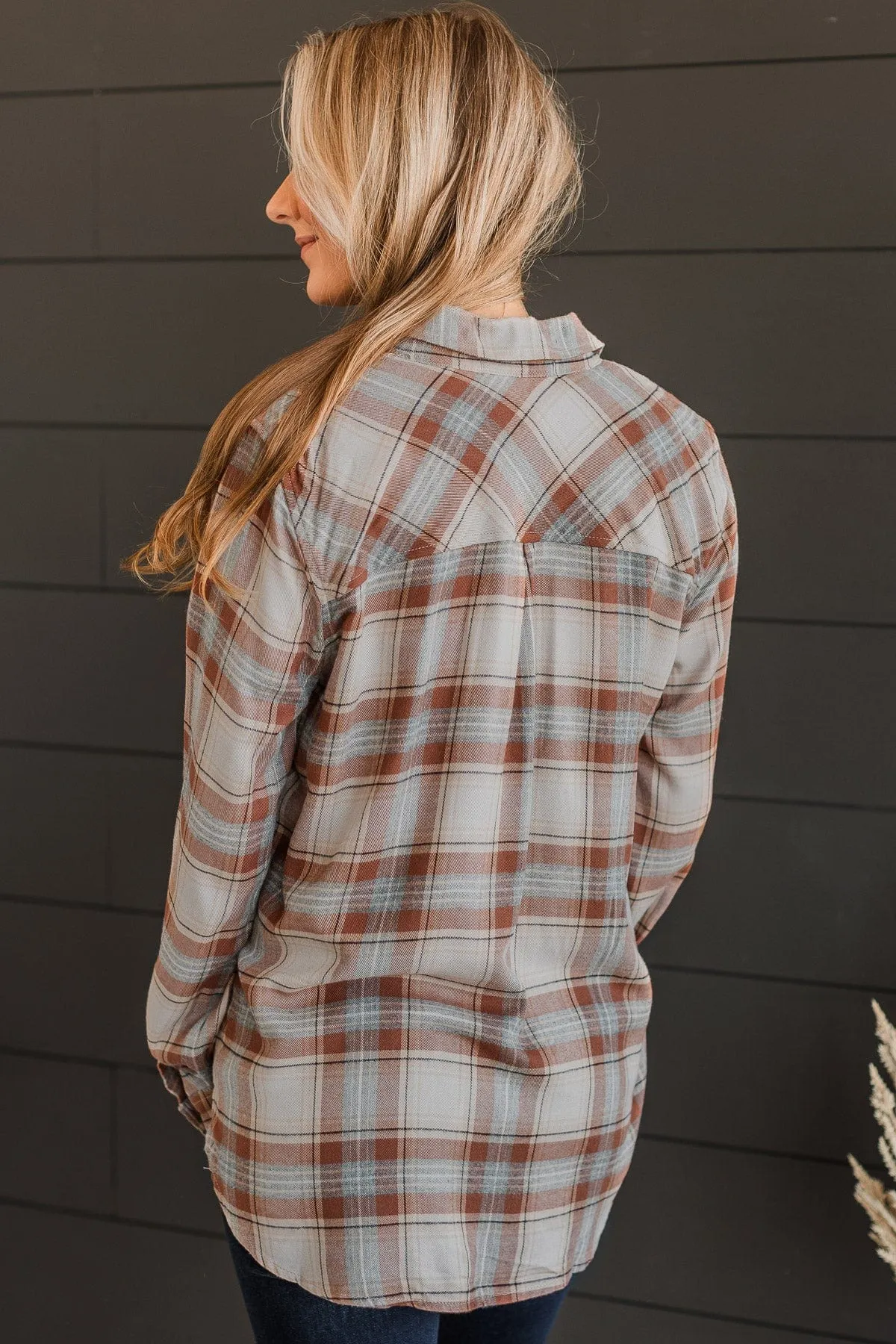 Time To Impress Plaid Button Top- Almond