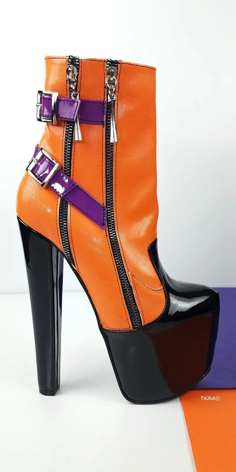 Tricolor Belt Chunky Heel Rocker Boots