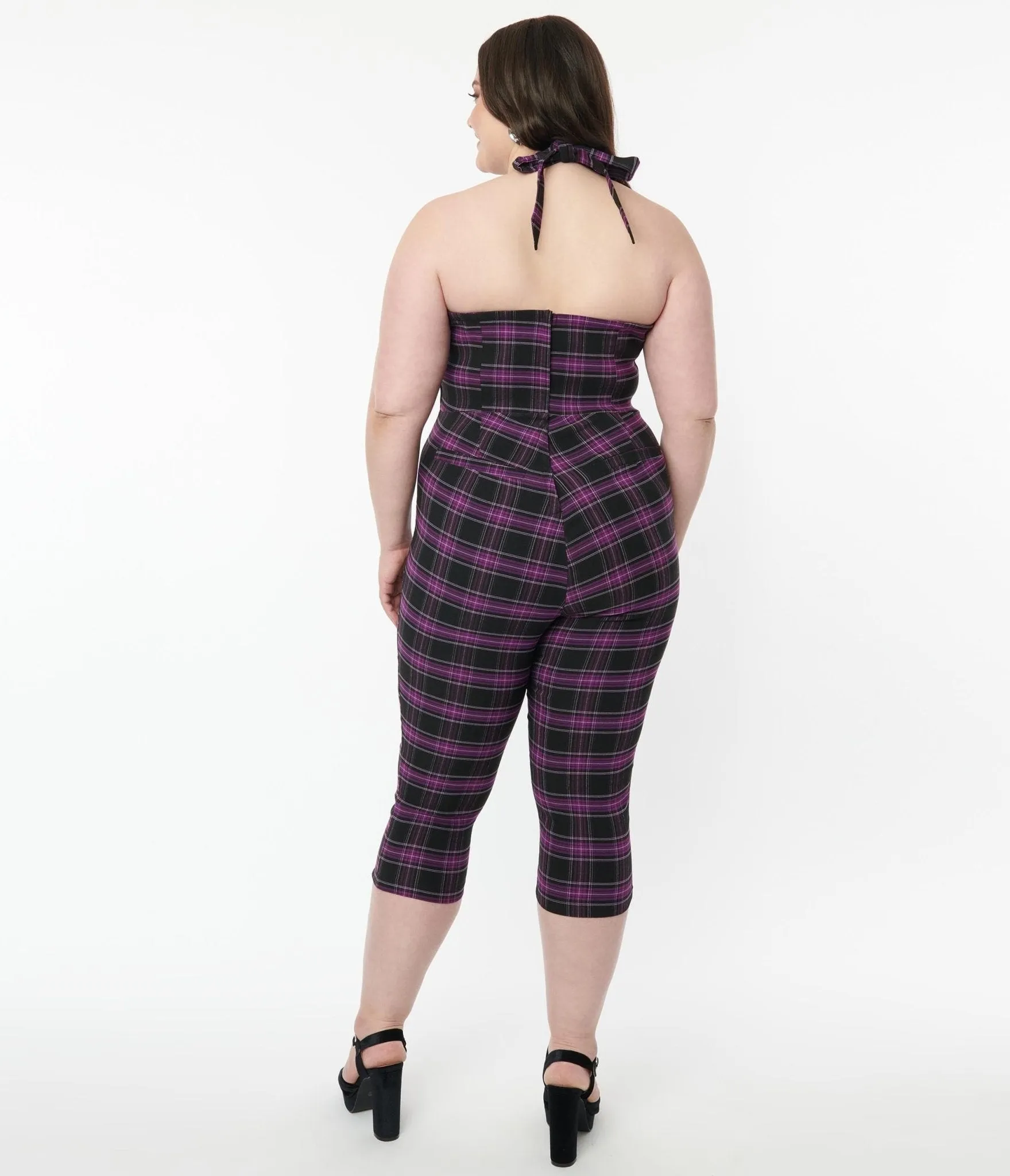 Unique Vintage Plus Size 1970s Purple & Black Plaid Marcel Jumpsuit