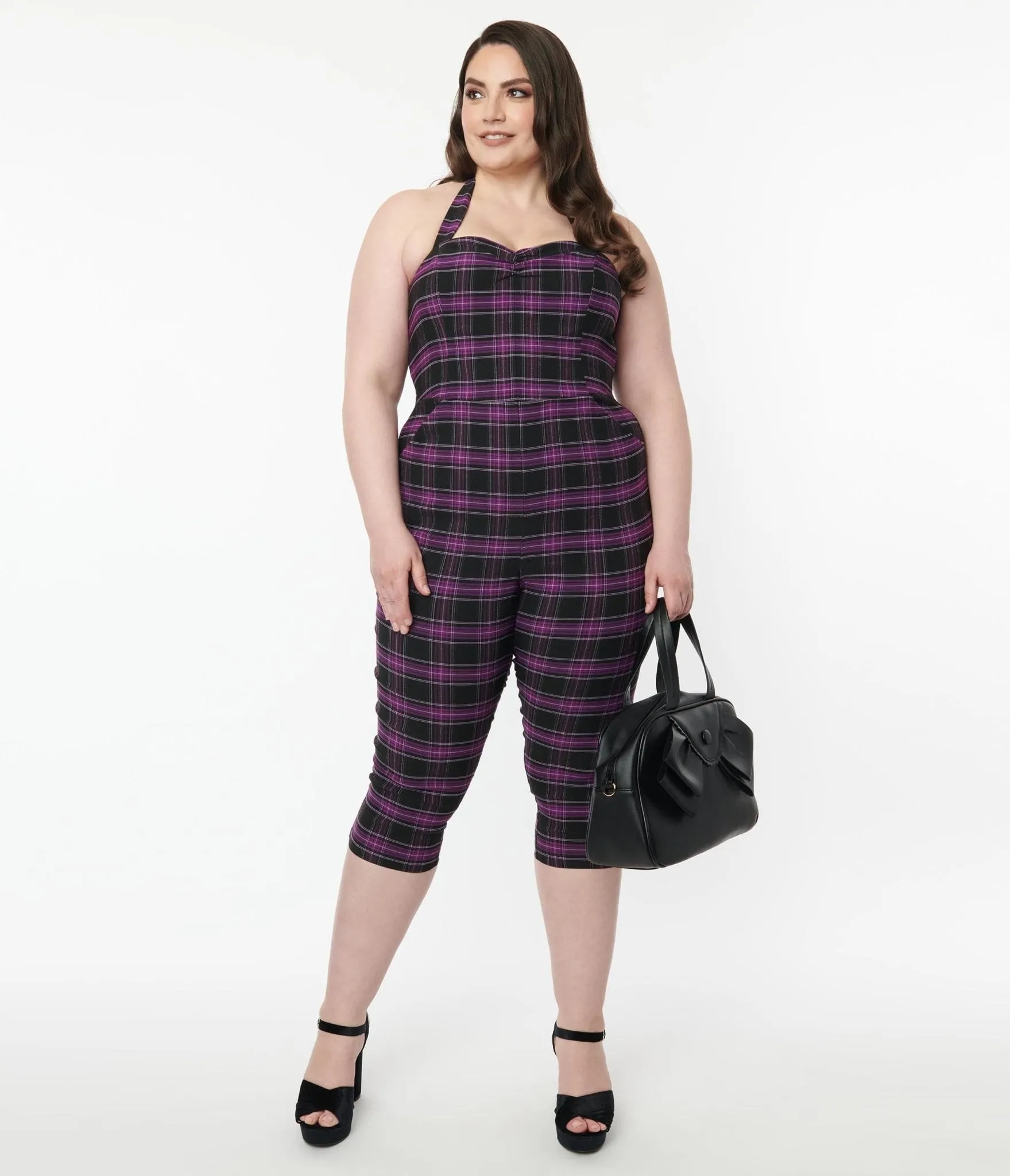 Unique Vintage Plus Size 1970s Purple & Black Plaid Marcel Jumpsuit