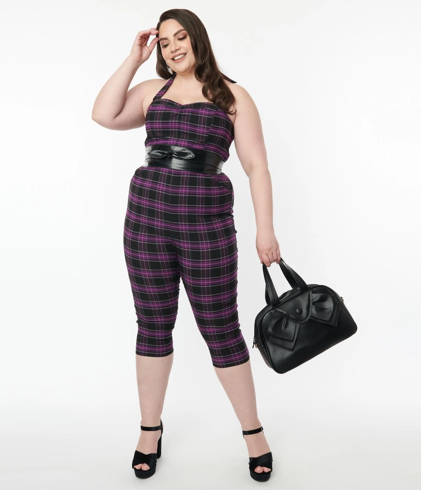 Unique Vintage Plus Size 1970s Purple & Black Plaid Marcel Jumpsuit