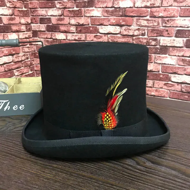 Unisex Steampunk Black Wool Solid Pattern Top Hat with Feather