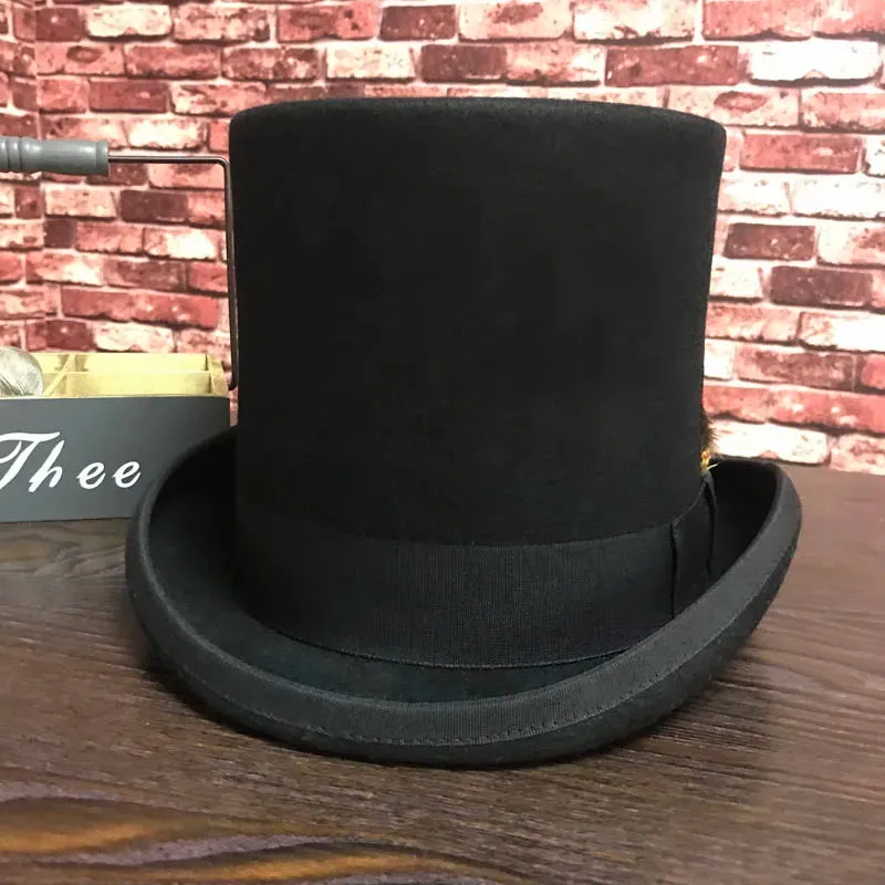 Unisex Steampunk Black Wool Solid Pattern Top Hat with Feather