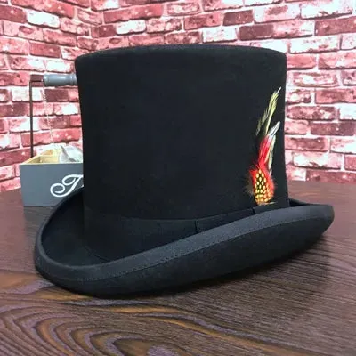 Unisex Steampunk Black Wool Solid Pattern Top Hat with Feather