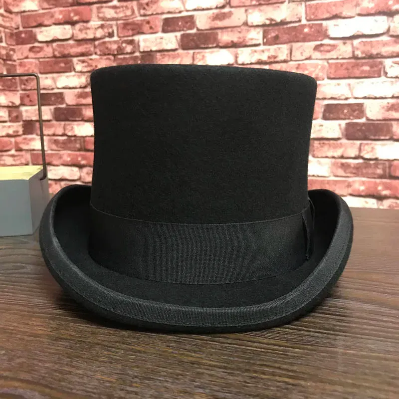 Unisex Steampunk Black Wool Solid Pattern Top Hat with Feather