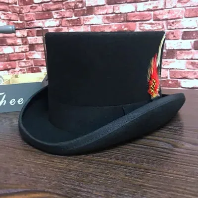 Unisex Steampunk Black Wool Solid Pattern Top Hat with Feather