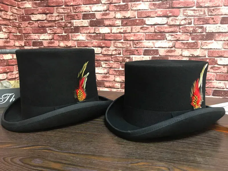 Unisex Steampunk Black Wool Solid Pattern Top Hat with Feather