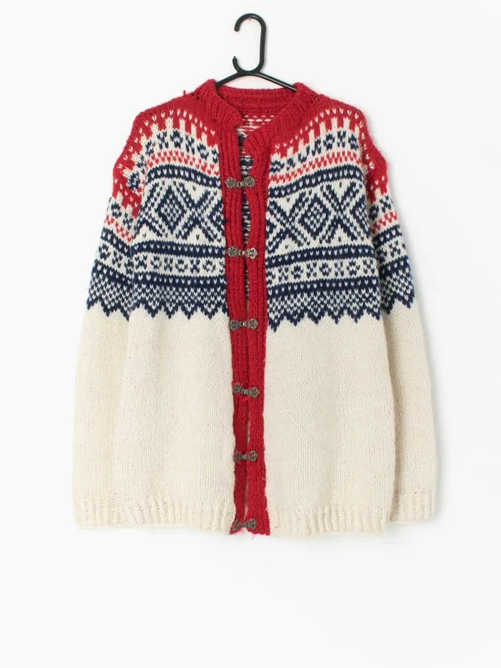 Vintage Scandi cardigan hand knitted in red, blue and white – Medium