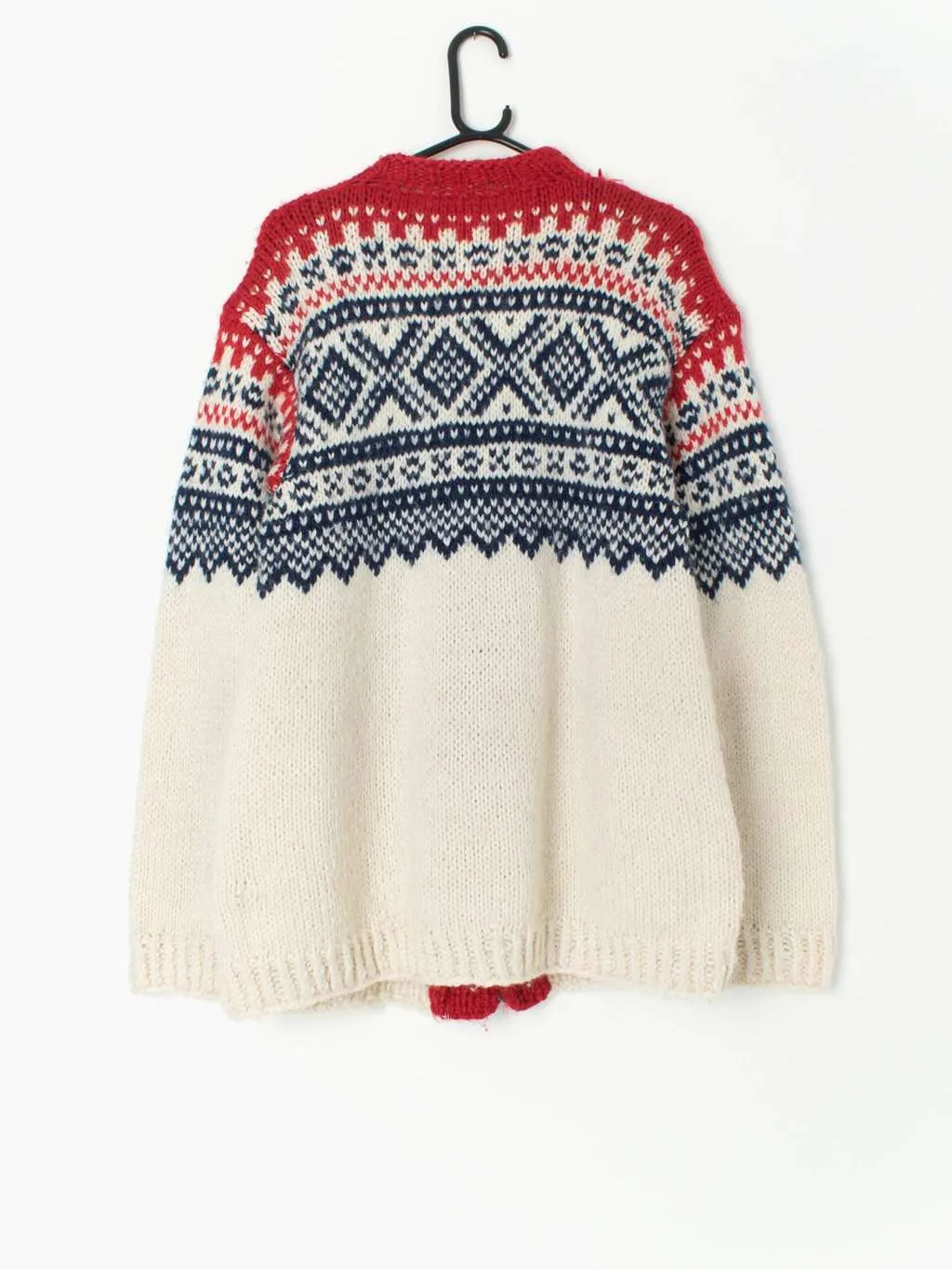 Vintage Scandi cardigan hand knitted in red, blue and white – Medium