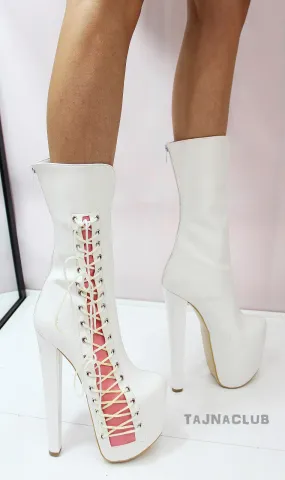 White Lace up Mid Calf Boots Ballerina