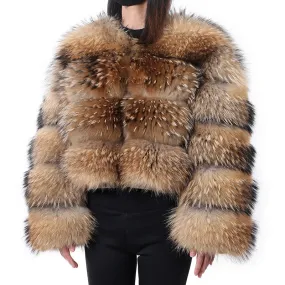 Winter fur jacket for women - natural fox raccoon fur, long sleeve