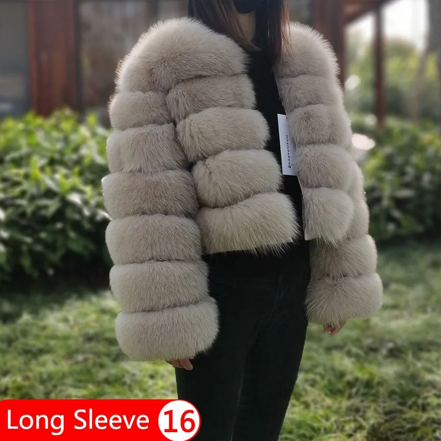 Winter Fur Leather Jacket for Women with Real Fox and Raccoon Fur - Long Sleeve