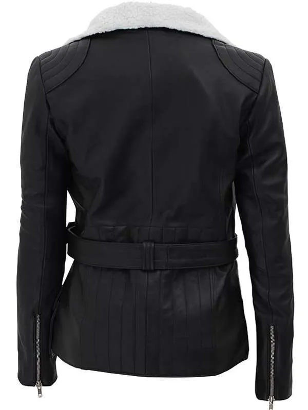 Women Black Belted Shearling Leather Jacket - New American Jackets