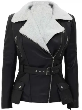 Women Black Belted Shearling Leather Jacket - New American Jackets