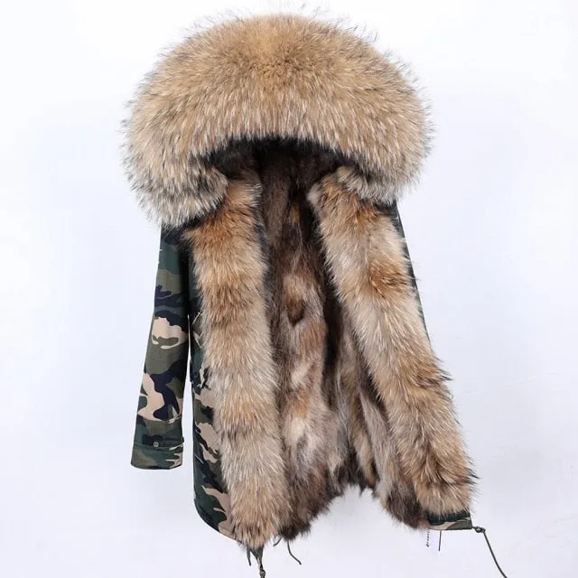 Women's Long Winter Jacket with Natural Raccoon Fur Collar