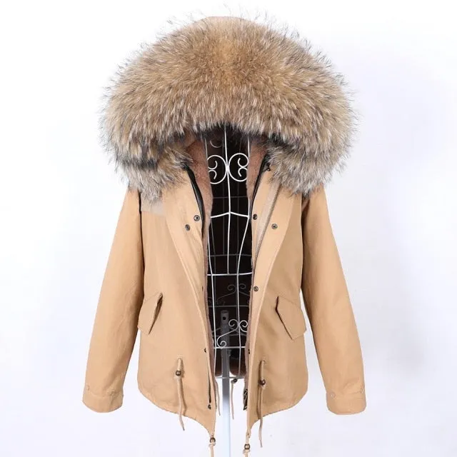 Women's Natural Raccoon Fur Collar Thick Warm Winter Jacket