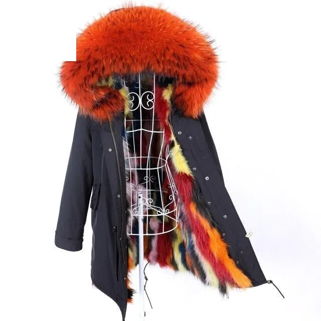 Women's Raccoon Fur Collared Jacket with Removable Fur Lining