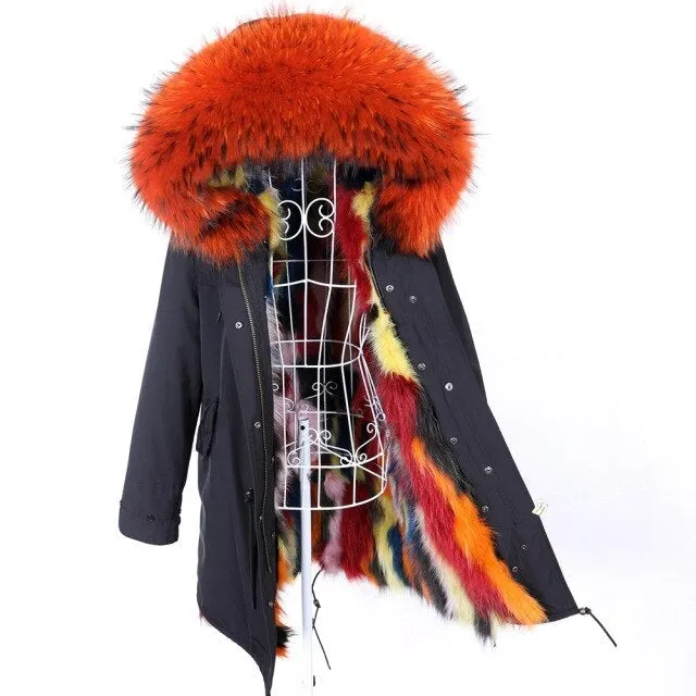 Women's Raccoon Fur Collared Jacket with Removable Fur Lining