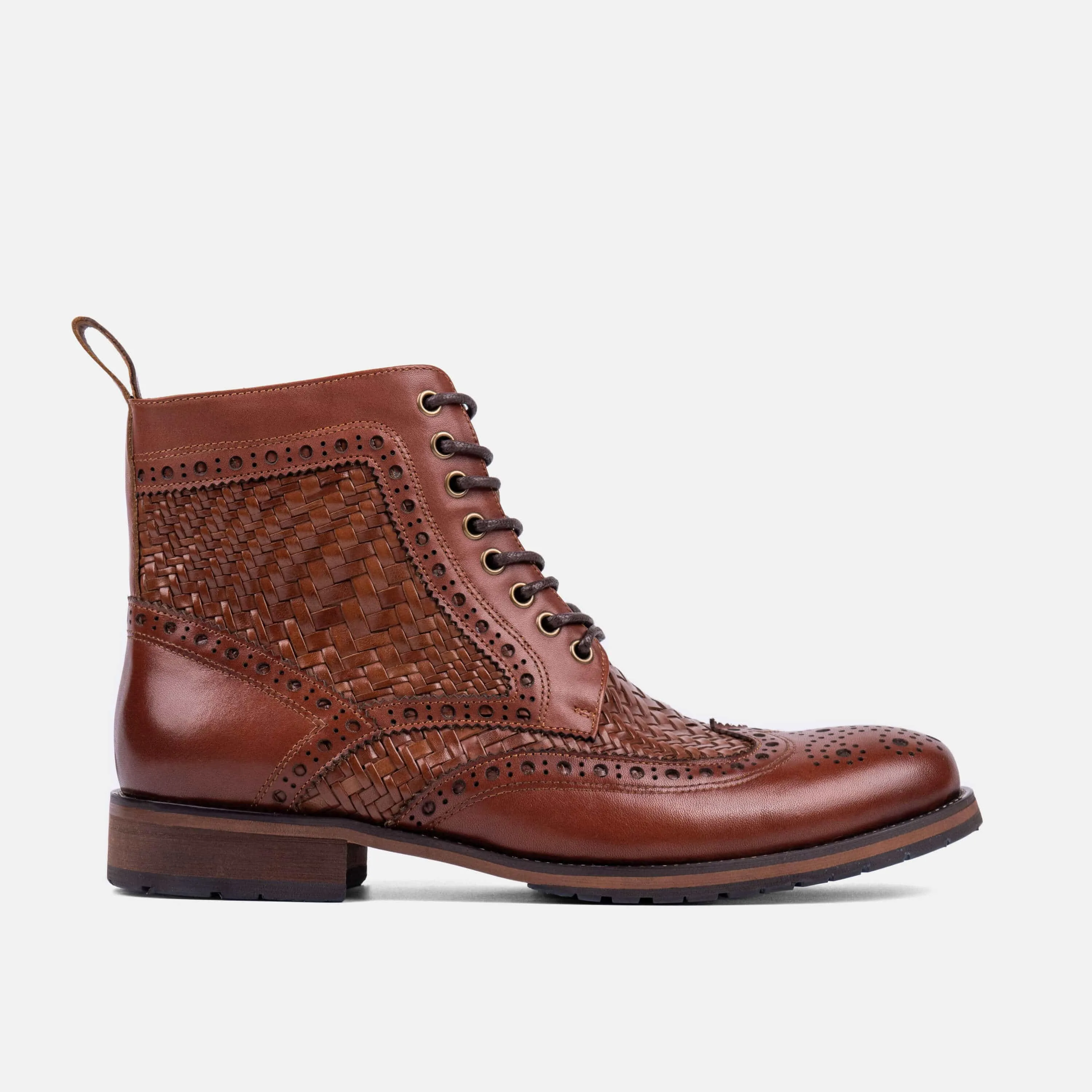 Woven Brandy Leather Wingtip Combat Boots.