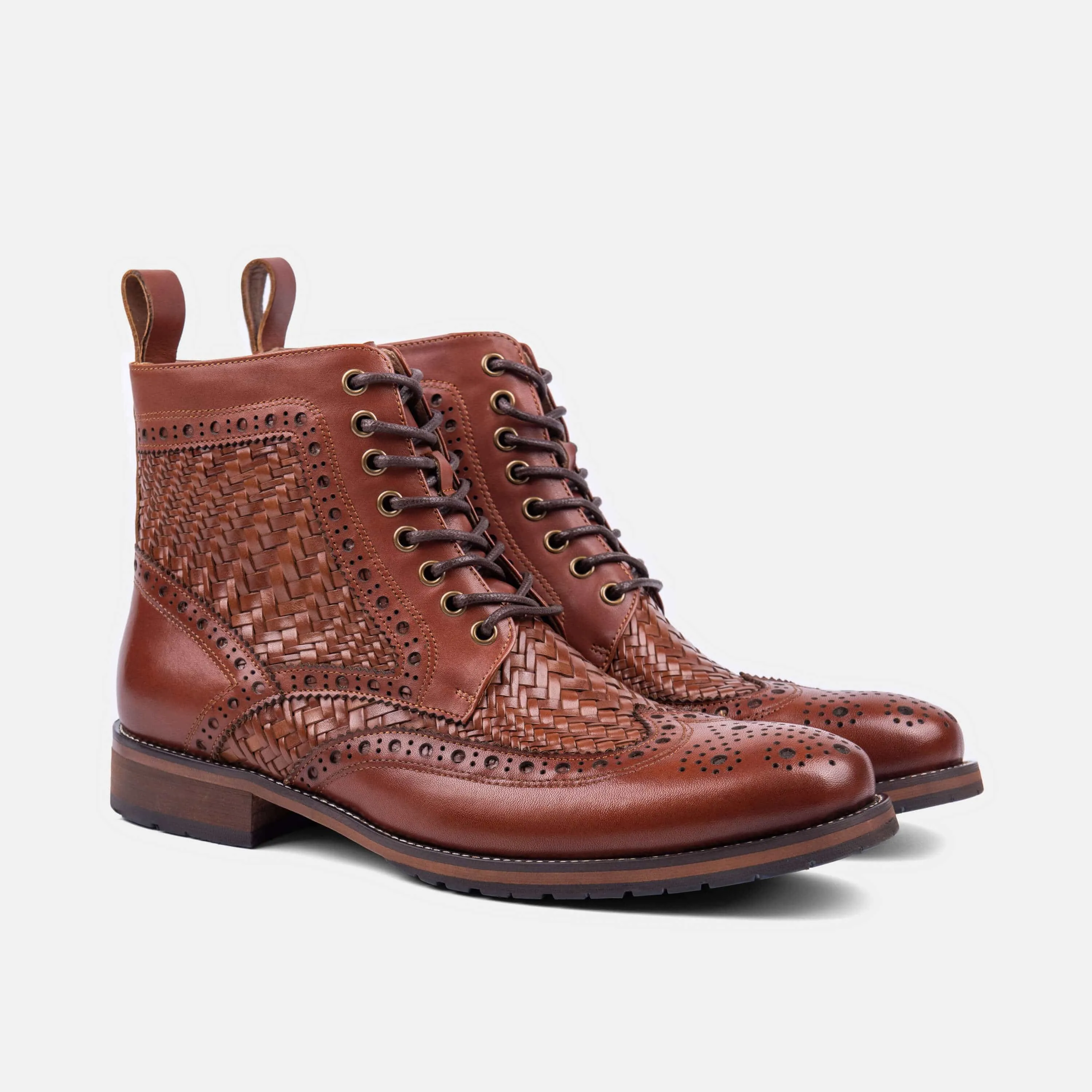 Woven Brandy Leather Wingtip Combat Boots.