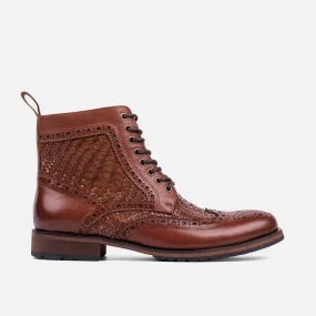 Woven Brandy Leather Wingtip Combat Boots.