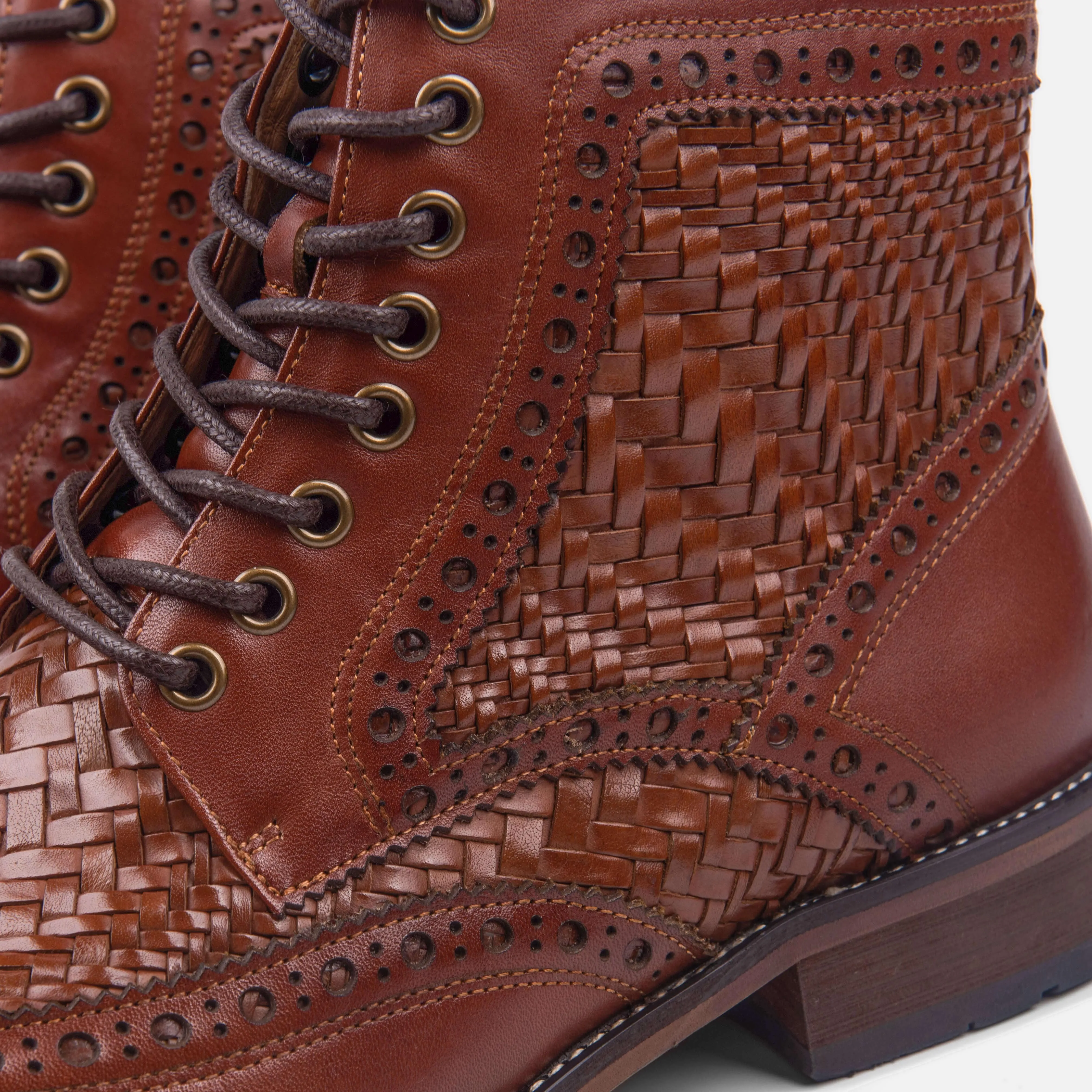 Woven Brandy Leather Wingtip Combat Boots.