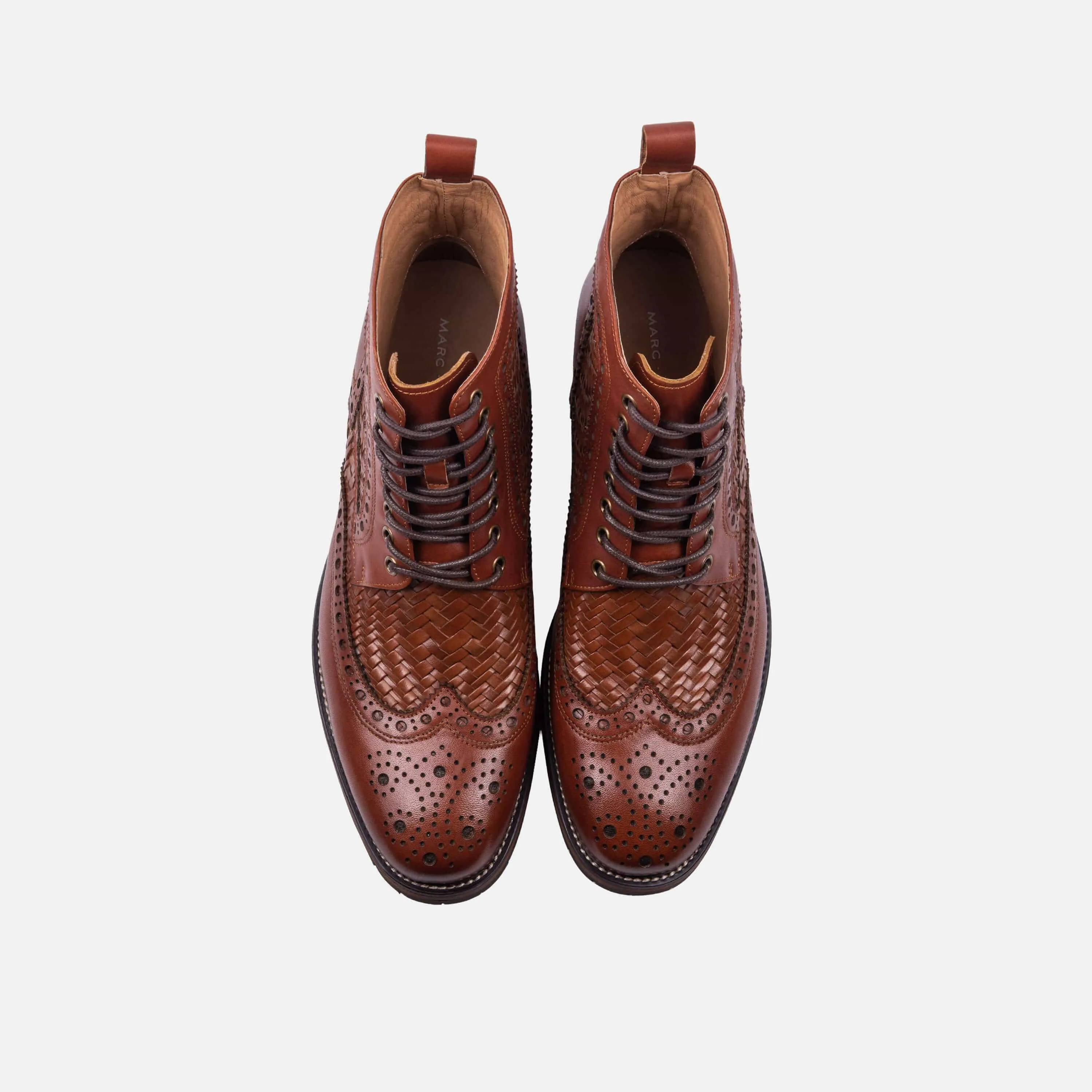 Woven Brandy Leather Wingtip Combat Boots.