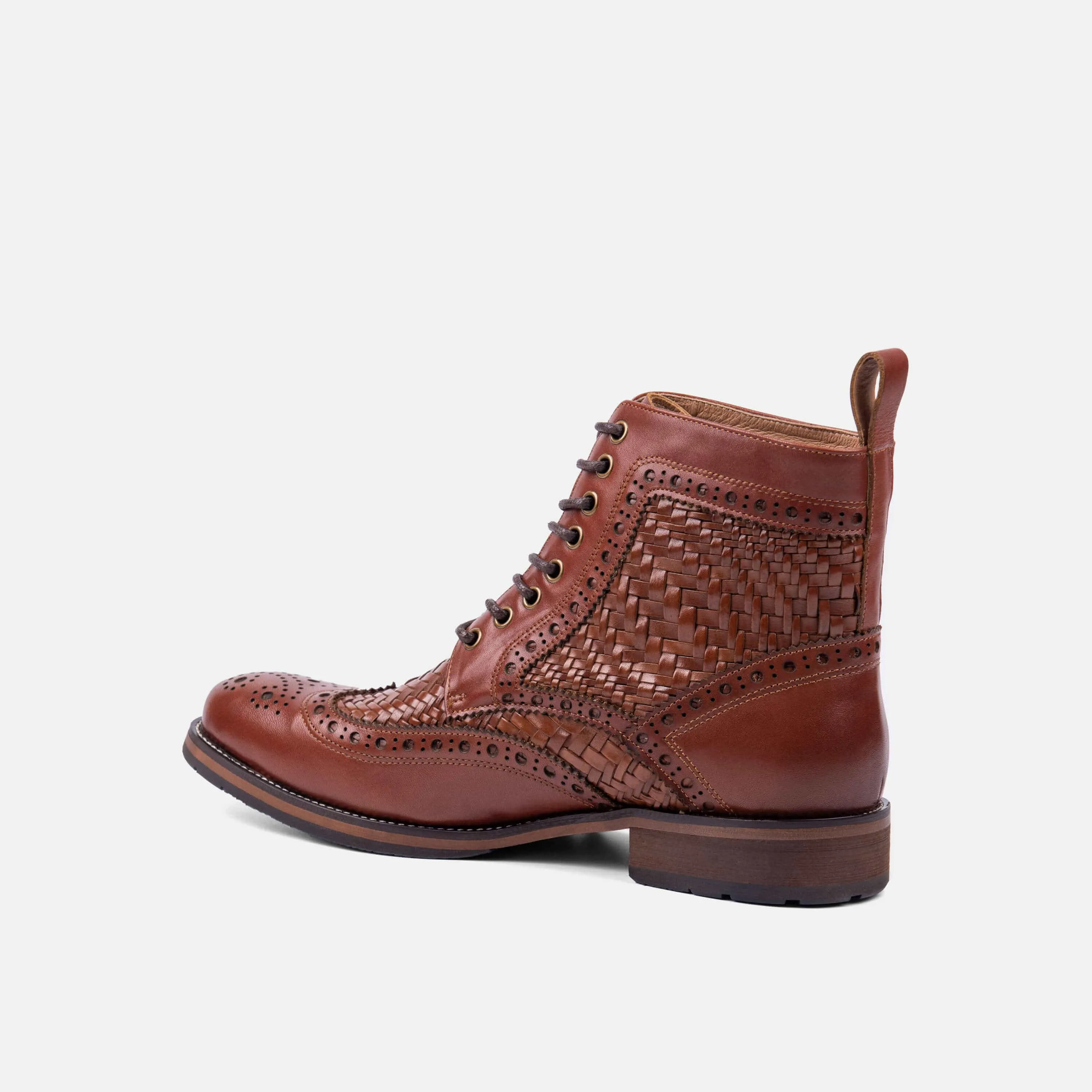 Woven Brandy Leather Wingtip Combat Boots.