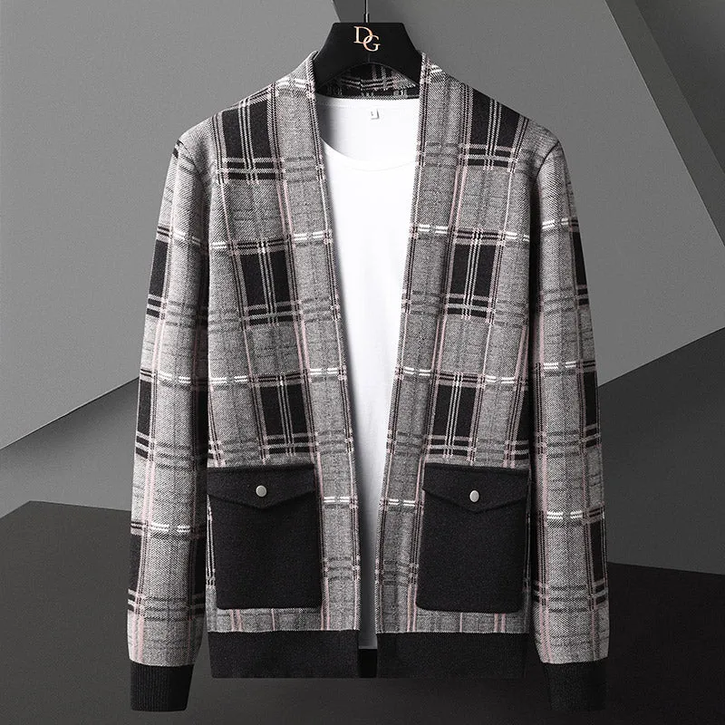 Xituodai Trendy Brand Fashion Plaid Cardigan Sweater Men's Casual Jacket Sweater British Style Autumn/Winter New Knitted Sweater