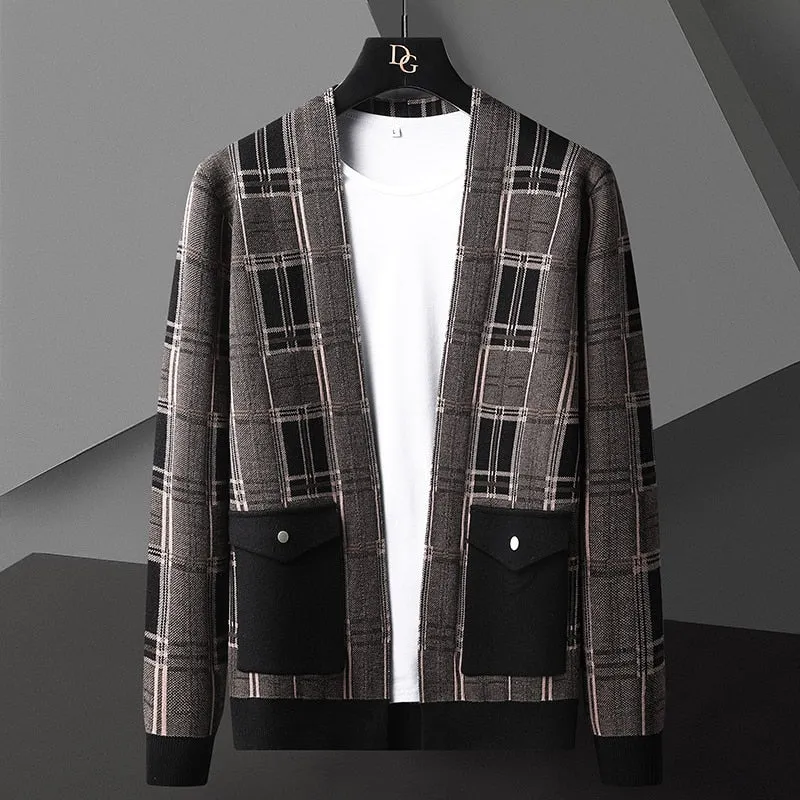 Xituodai Trendy Brand Fashion Plaid Cardigan Sweater Men's Casual Jacket Sweater British Style Autumn/Winter New Knitted Sweater