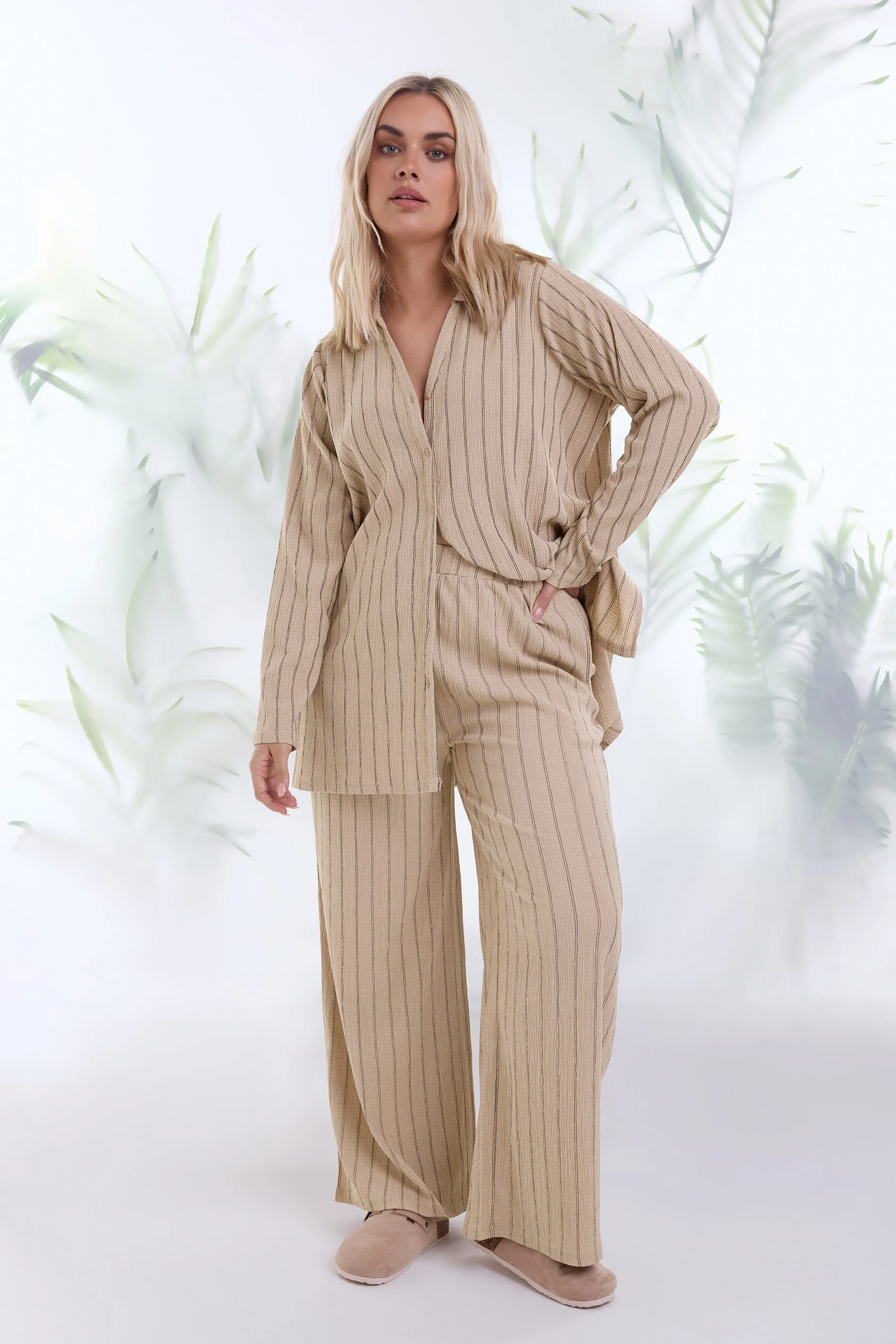 YOURS Curve Natural Brown Textured Pinstripe Wide Leg Trousers