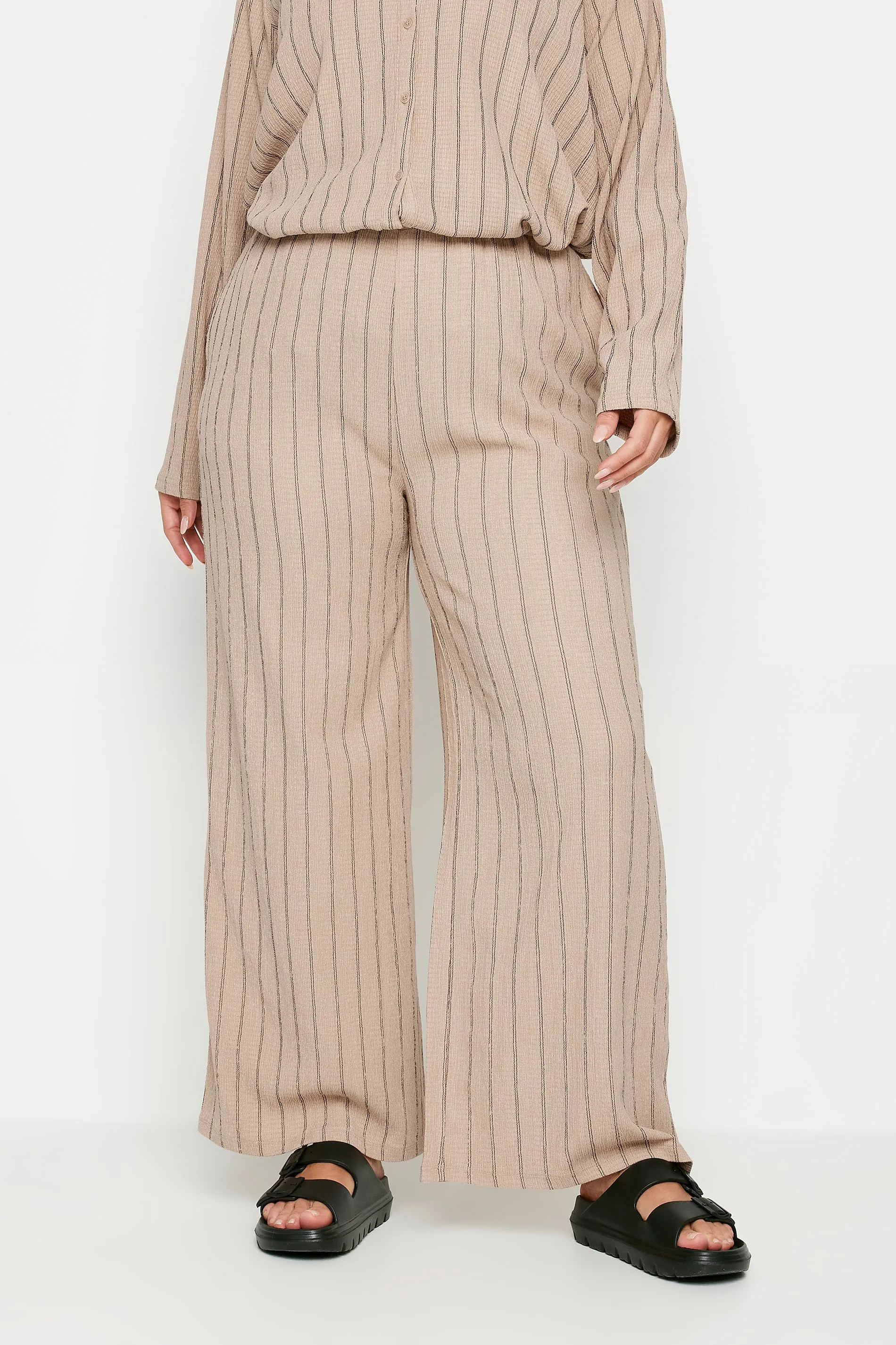 YOURS Curve Natural Brown Textured Pinstripe Wide Leg Trousers