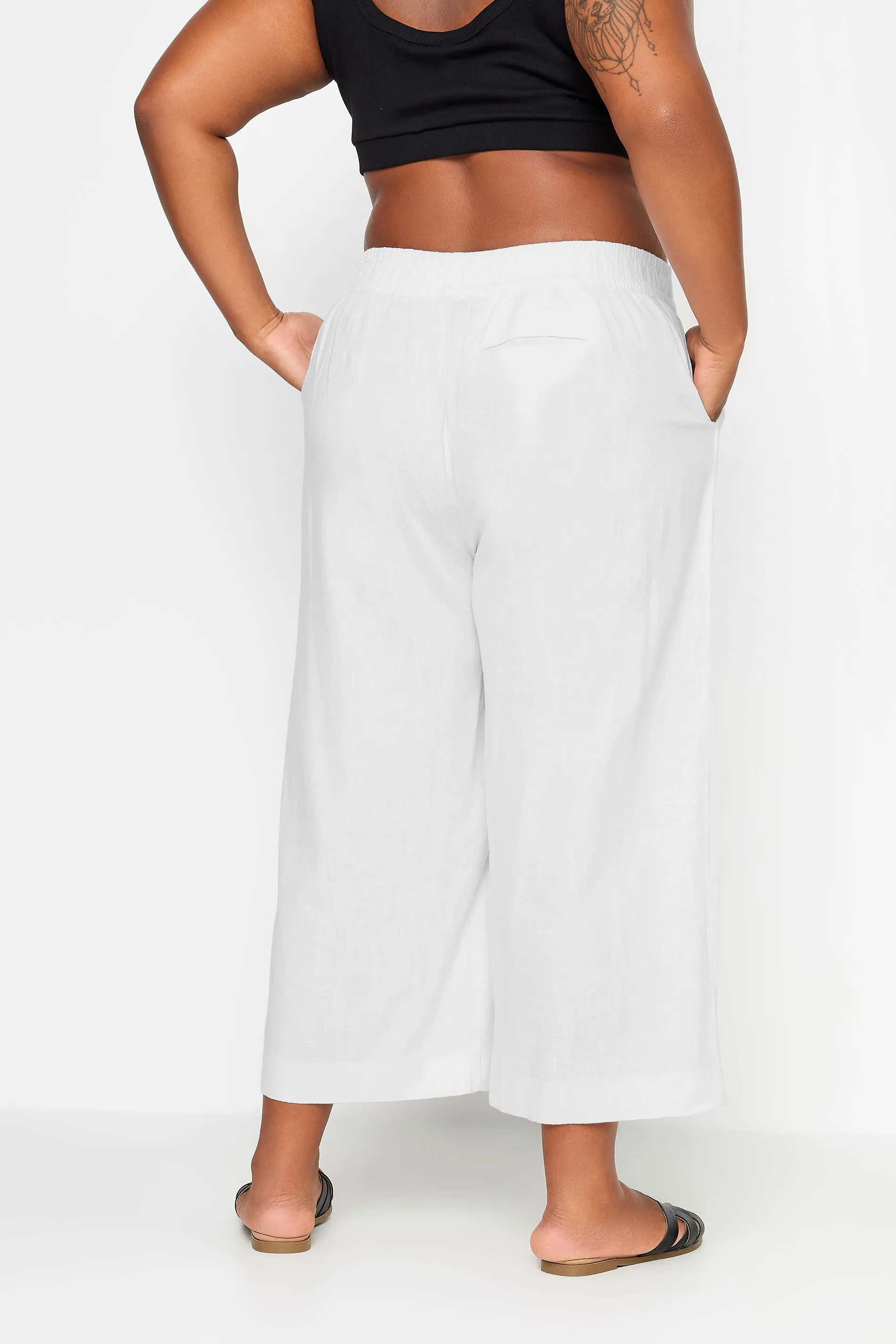 YOURS Curve White Wide Leg Cropped Linen Trousers